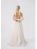 Spaghetti Straps Gold Lace Open Back Wedding Dress